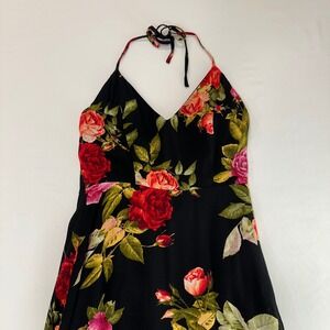 Romantic Floral Halter Maxi Dress Women S Black Red Rose Side Slit Slip Y2K